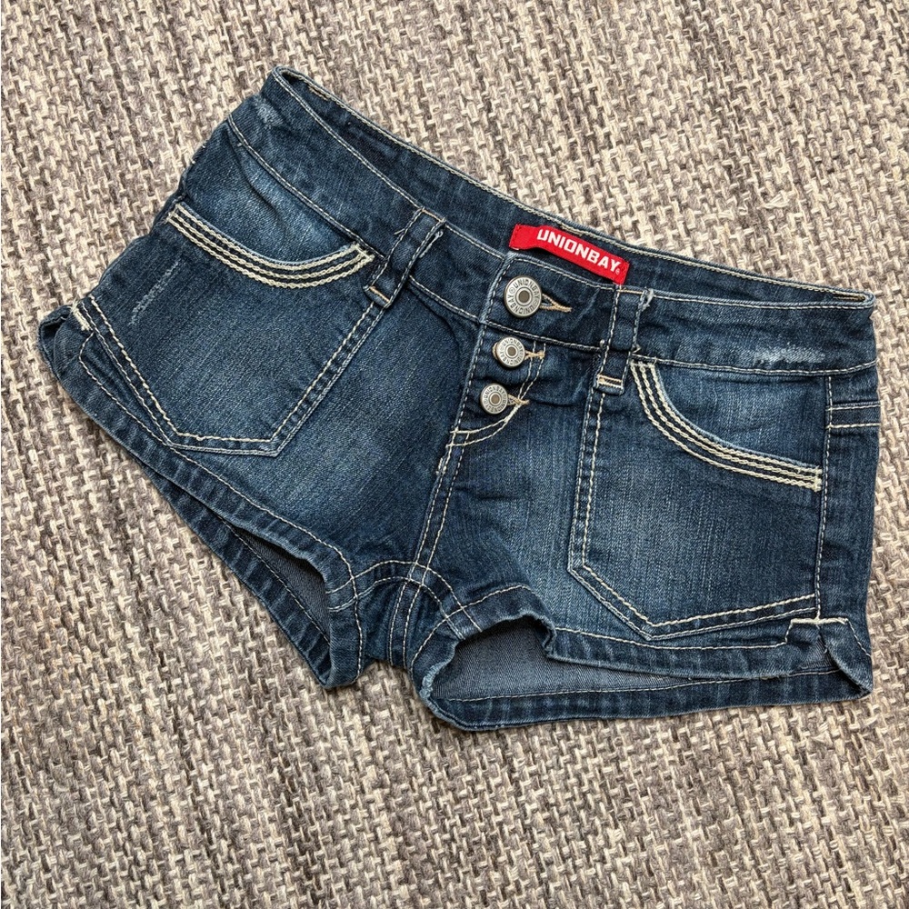 Y2K Unionbay Double Stitched Ultra Low Rise Mini Denim Short Shorts - Blue